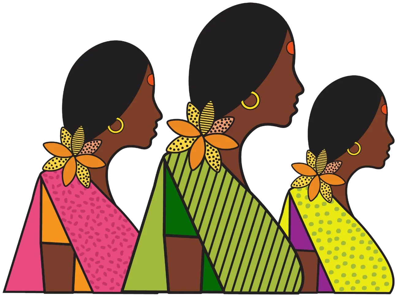 The three women of the Rang Travels logo, in profile, each in a different colour