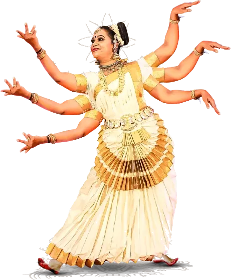 A Bharatanatyam dancer in cream and gold, mid-movement