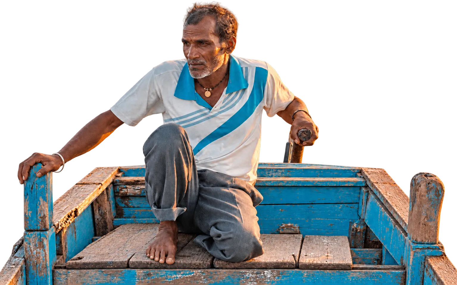 A fisherman at the tiller of his wooden boat on the Andaman Sea