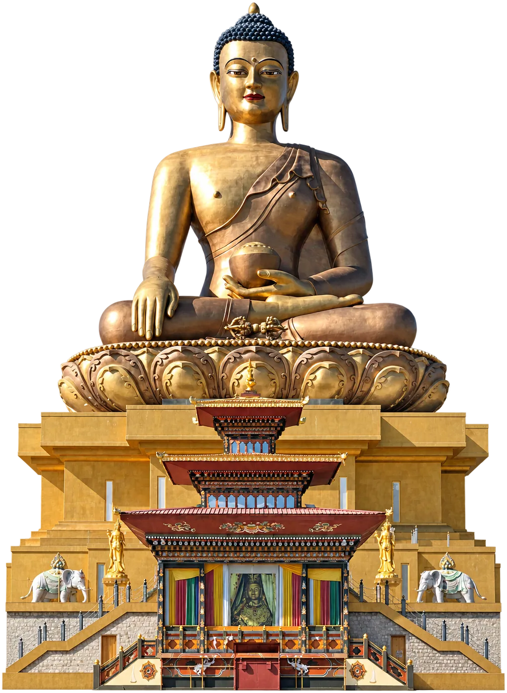 The gilded Buddha Dordenma on its lotus throne above the temple beneath it, Thimphu