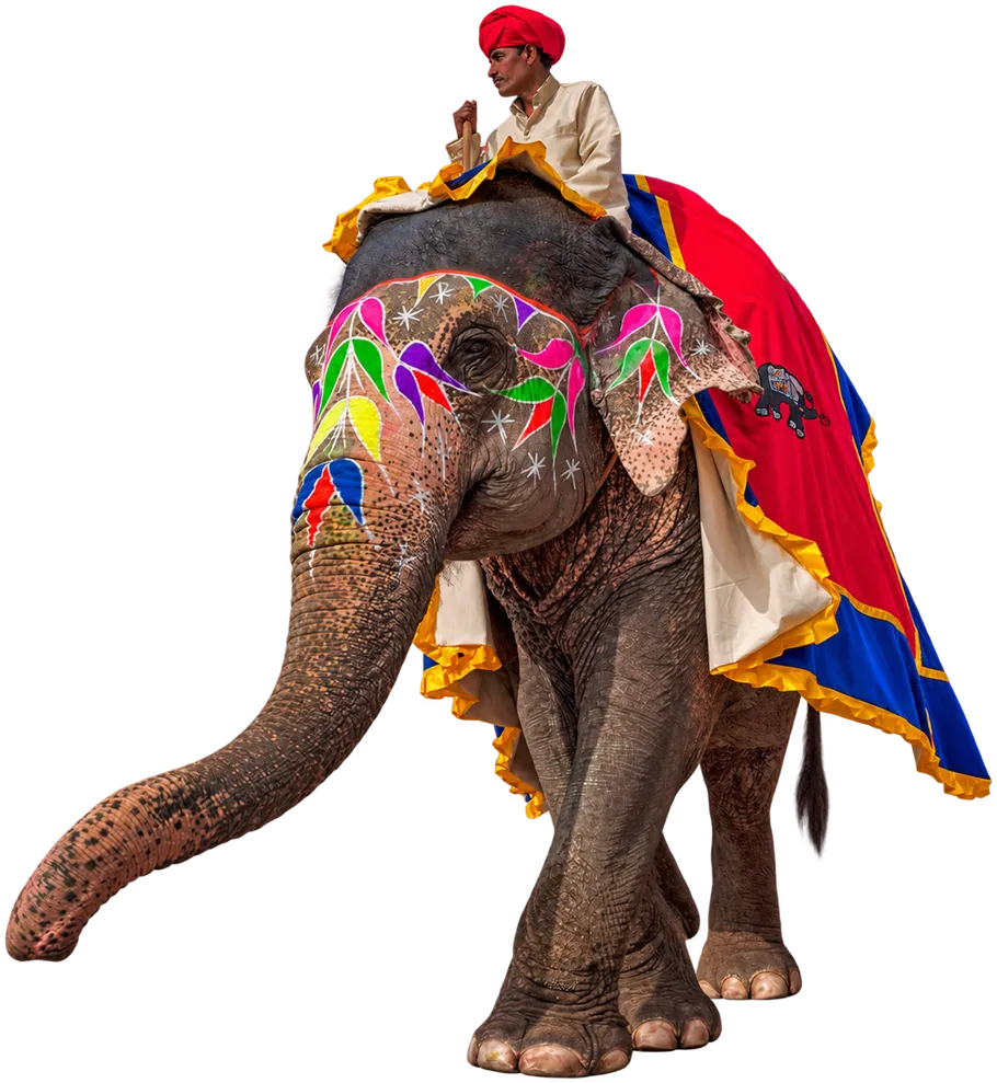 A painted elephant carrying its mahout