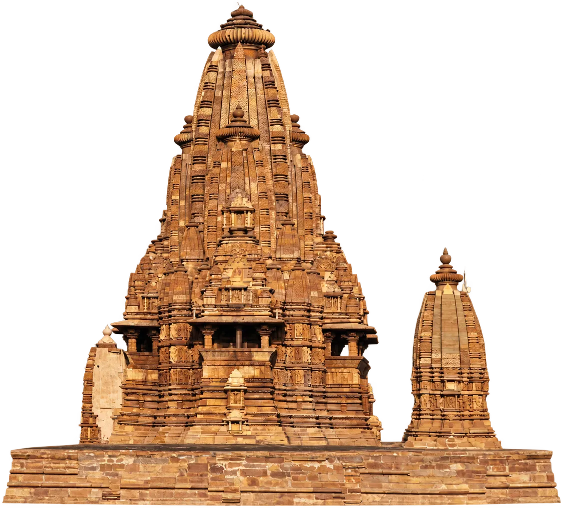 A Khajuraho temple on its plinth, carved from base to spire