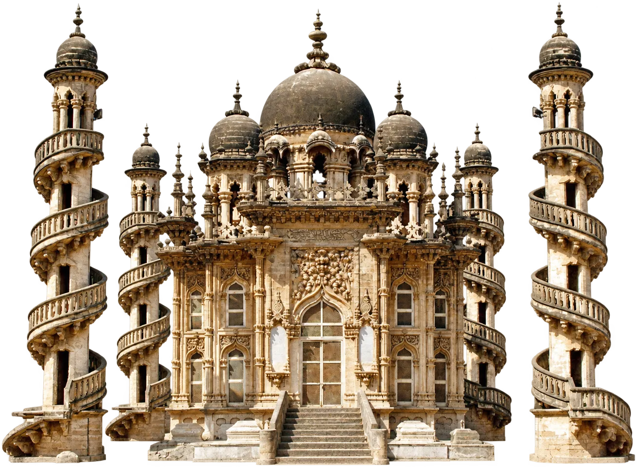 The Mahabat Maqbara at Junagadh, with its two spiral-staired minarets