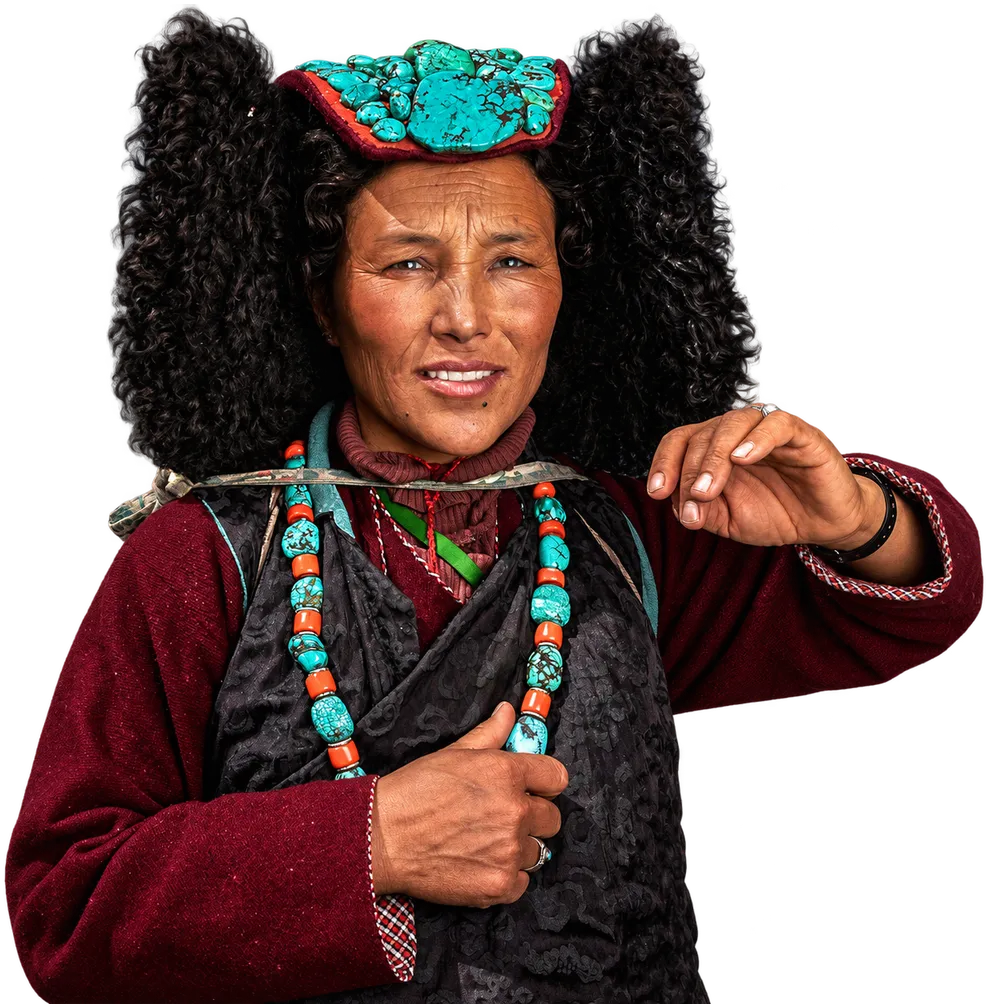 A Ladakhi woman in a turquoise perak headdress