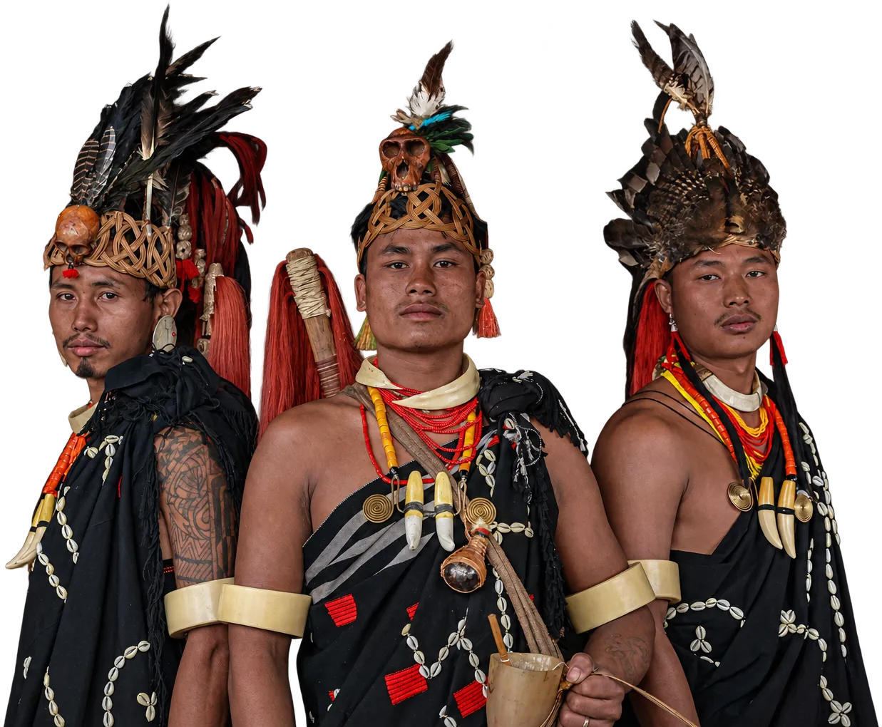 Three Naga men in feathered headdresses