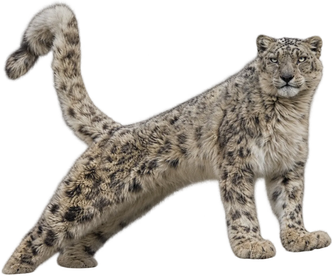 A snow leopard with its tail raised