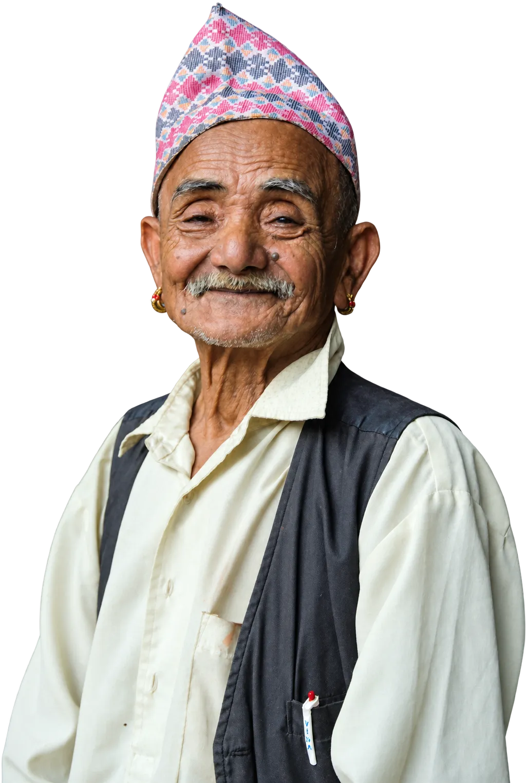 A smiling elder in a dhaka topi, the Nepali cap, Patan