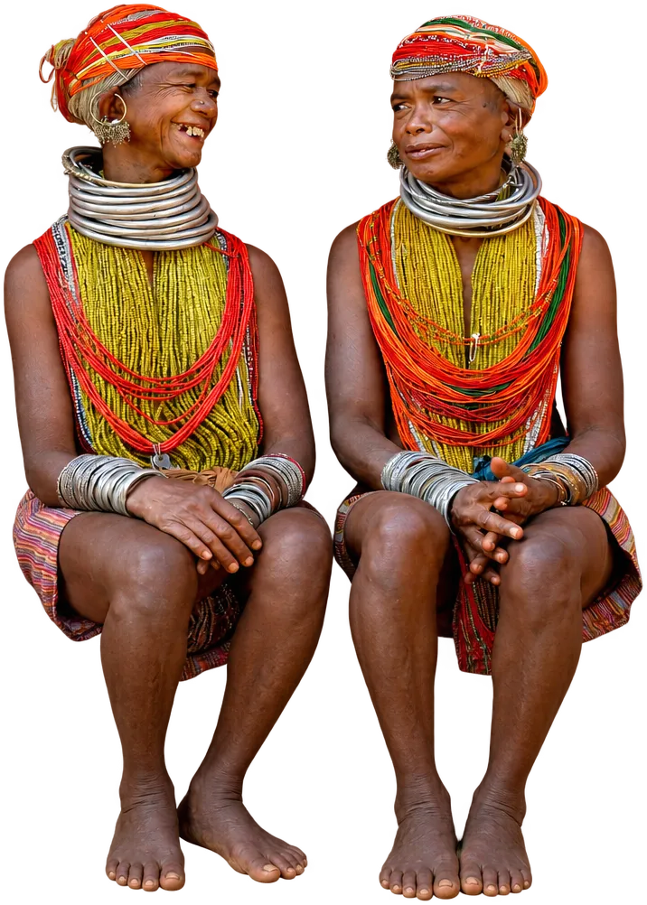 Two women in bead collars and brass neck rings, seated