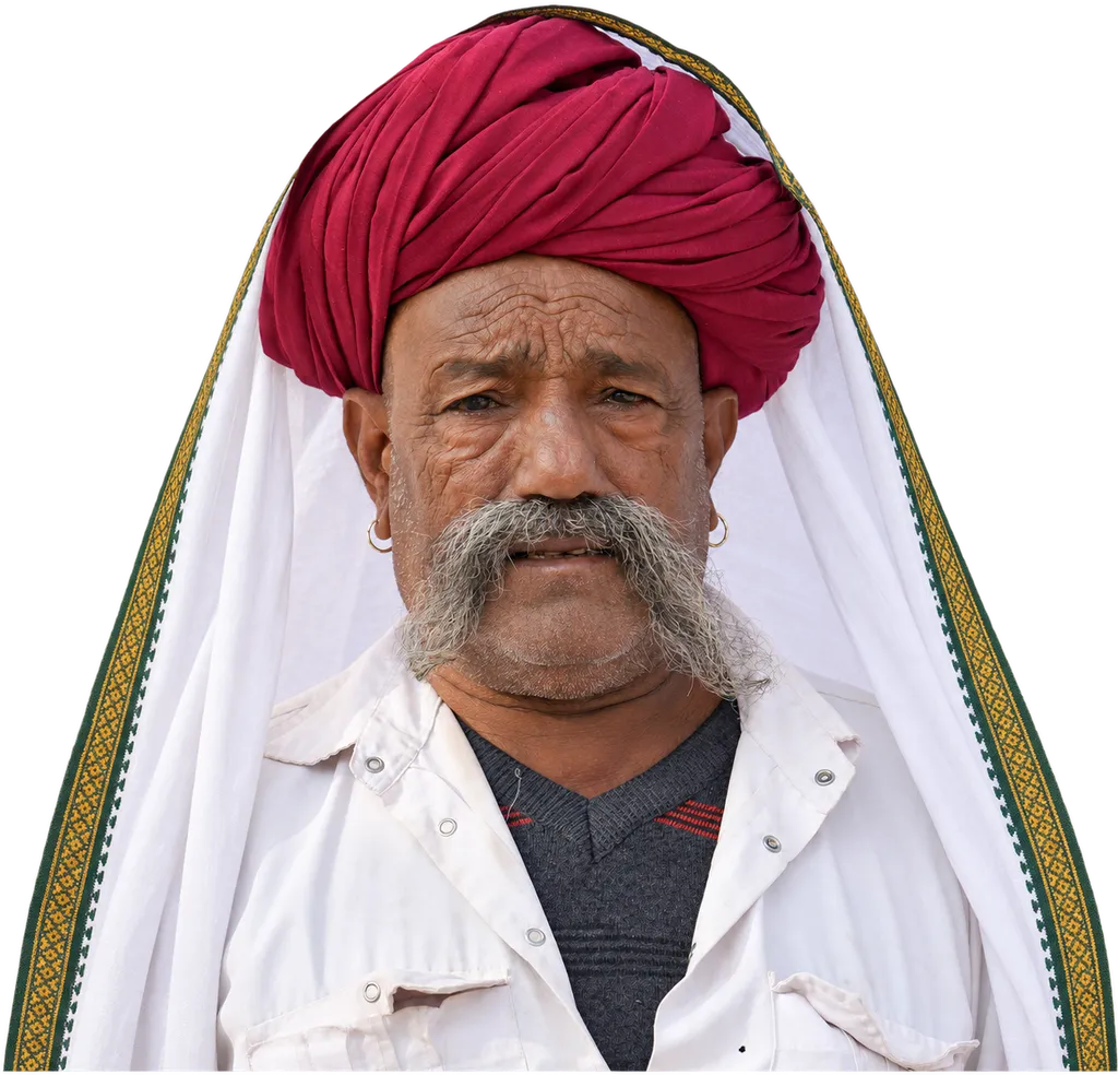 A village elder with a grey moustache in a maroon turban and white shawl, Jodhpur