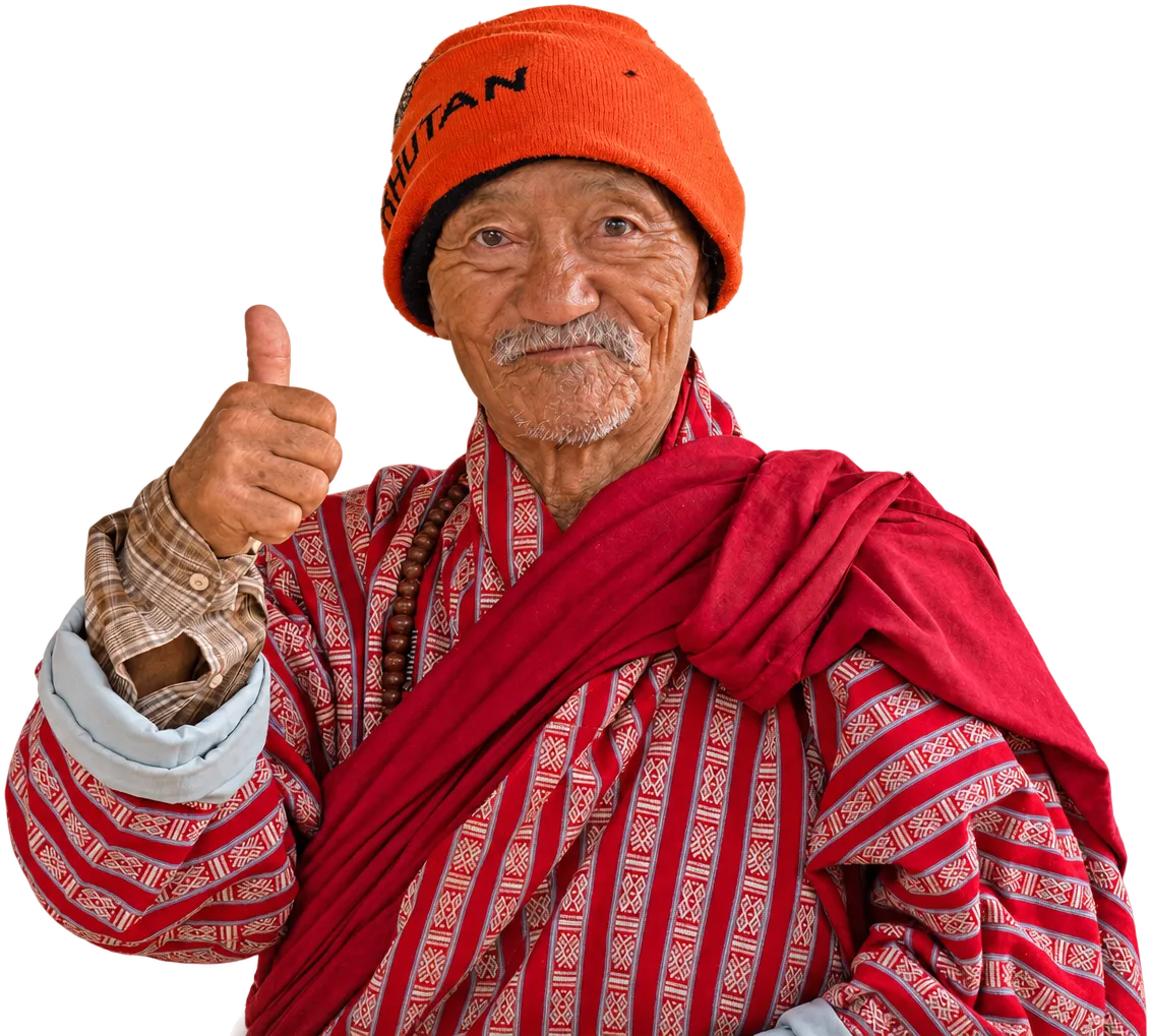 An elder in an orange cap and red gho, smiling, giving a thumbs-up, Thimphu