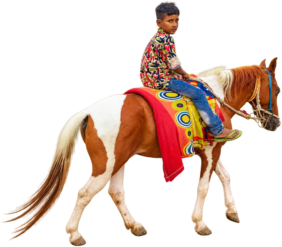 A boy riding a brown-and-white pony under a bright saddle cloth, near Patna