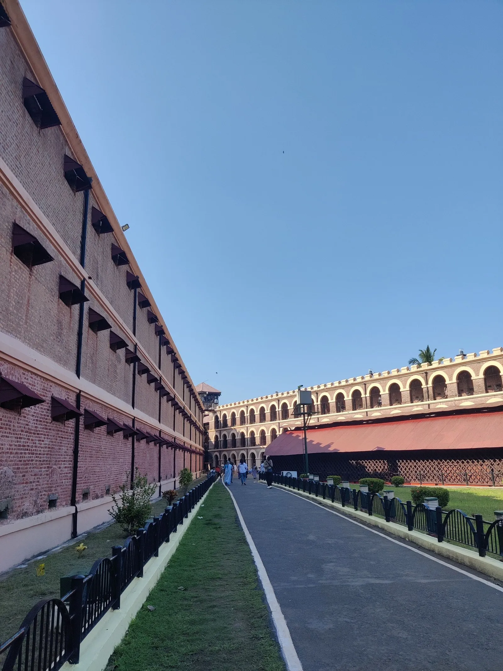 A three-storey wing of the Cellular Jail in Port Blair, the central tower beyond