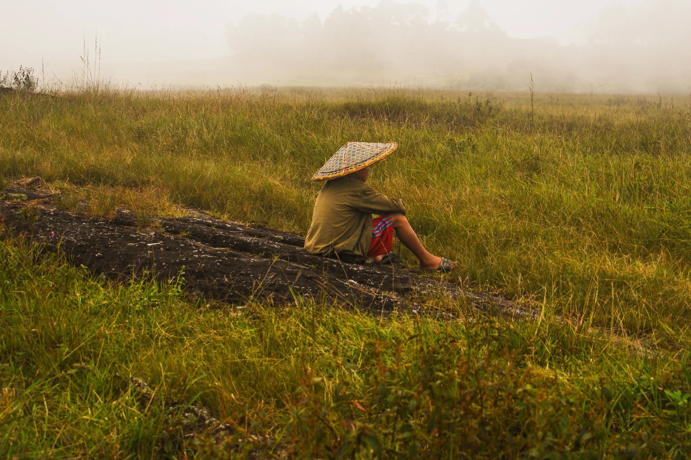 A farmer in a woven bamboo hat, resting on a rock in a misty meadow in Meghalaya