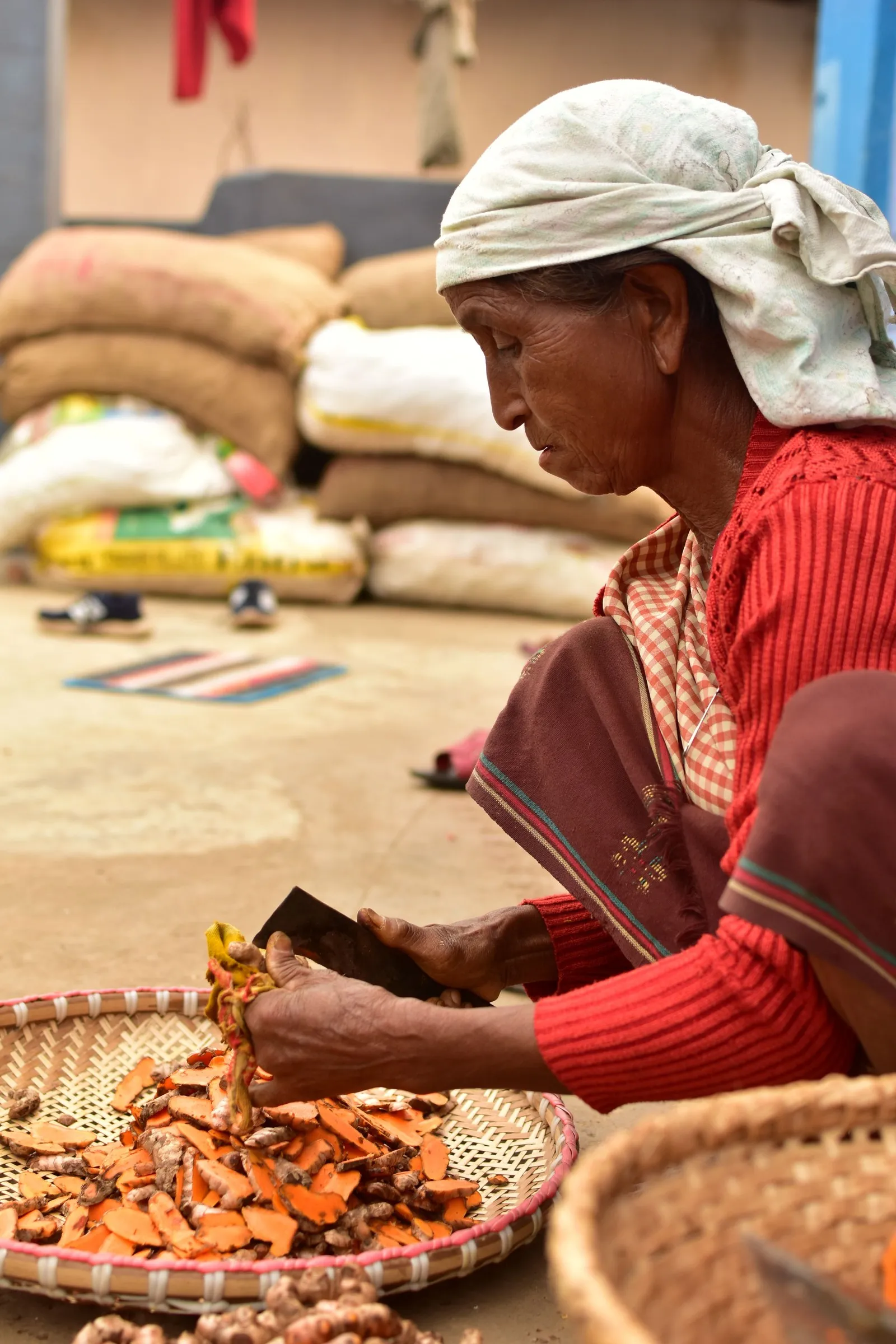A woman cutting fresh turmeric at her stall in a Shillong market