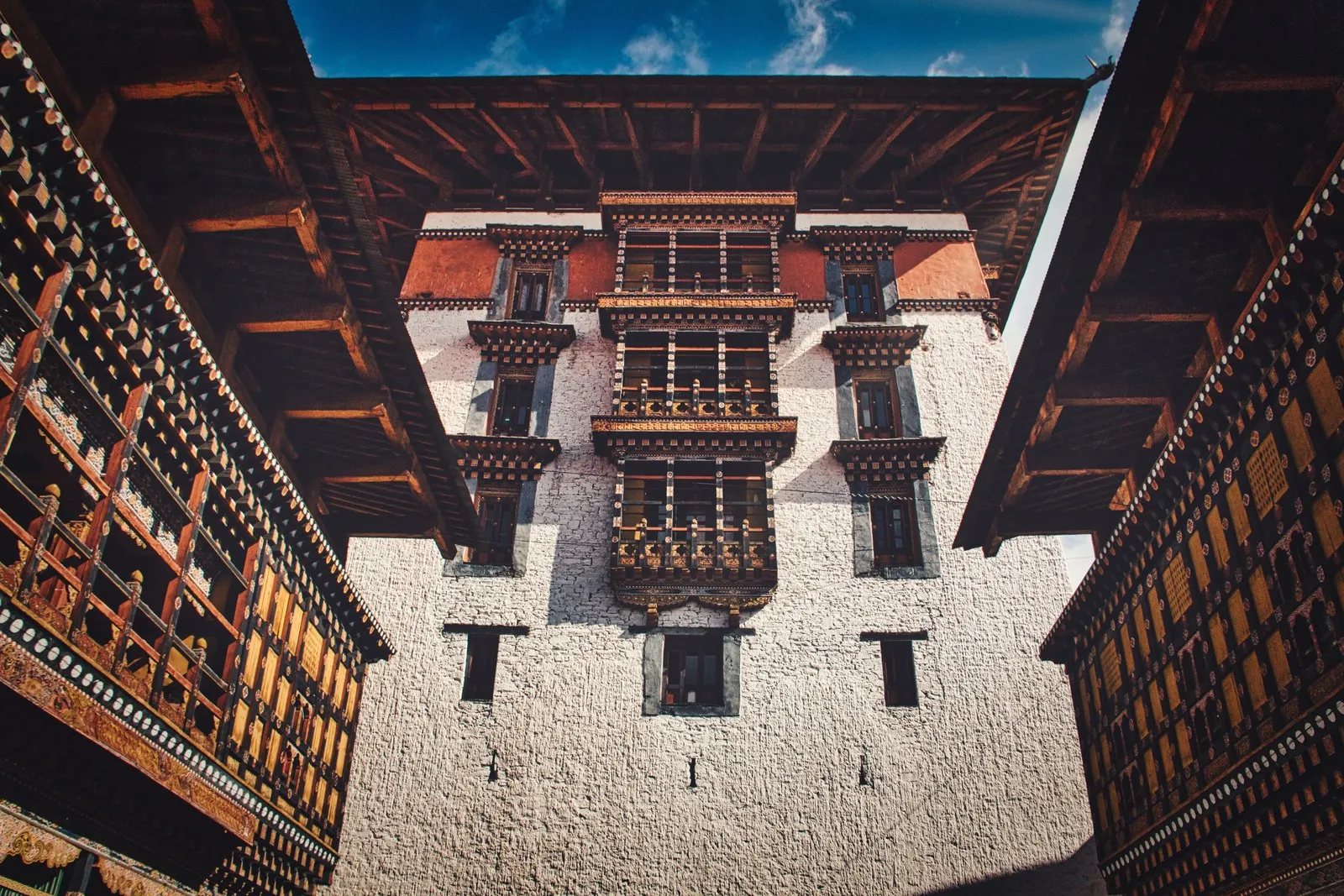 The central tower of Rinpung Dzong seen from its courtyard, Paro