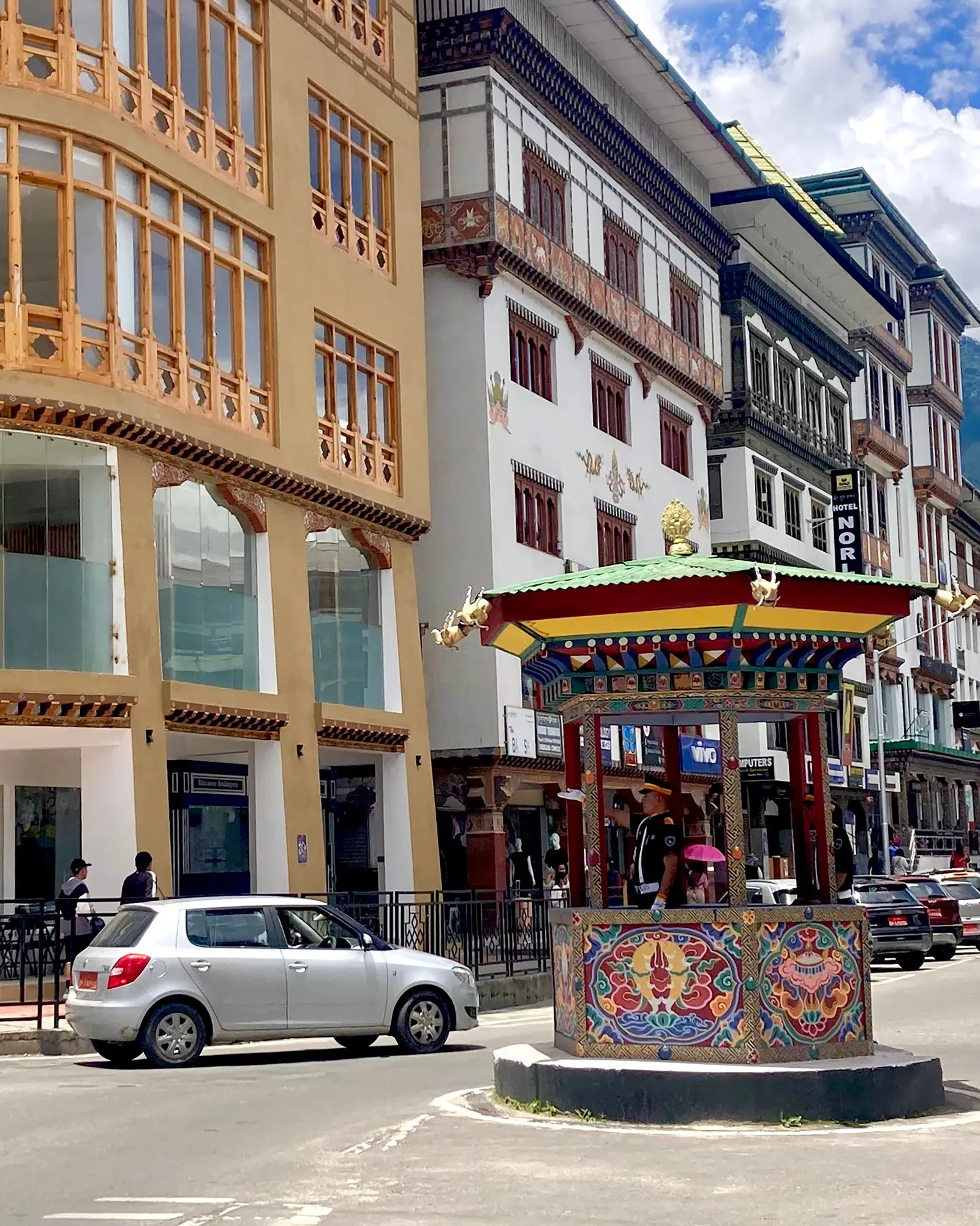 The painted traffic pavilion at a junction on Thimphu’s main street