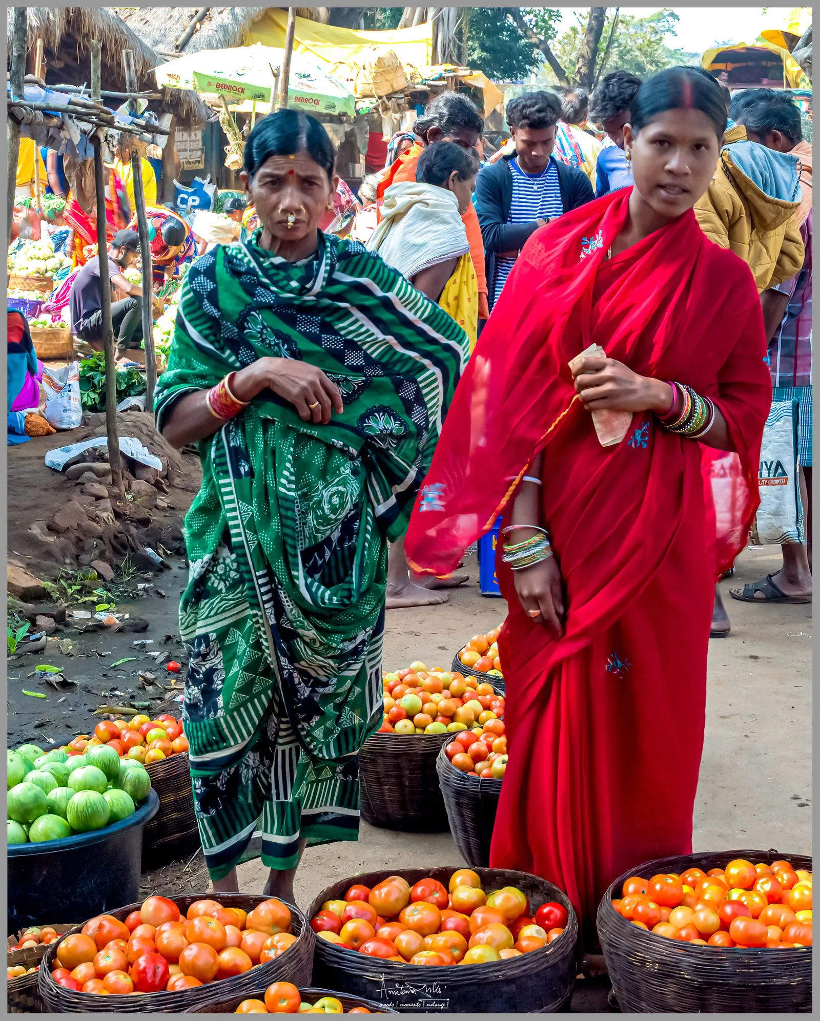 Women with baskets of tomatoes at the weekly haat of Doraguda, in the Koraput hills