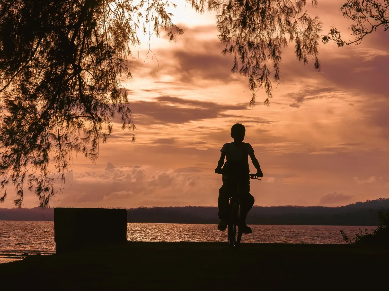 A child cycling along the shore at sunset in the Andaman Islands