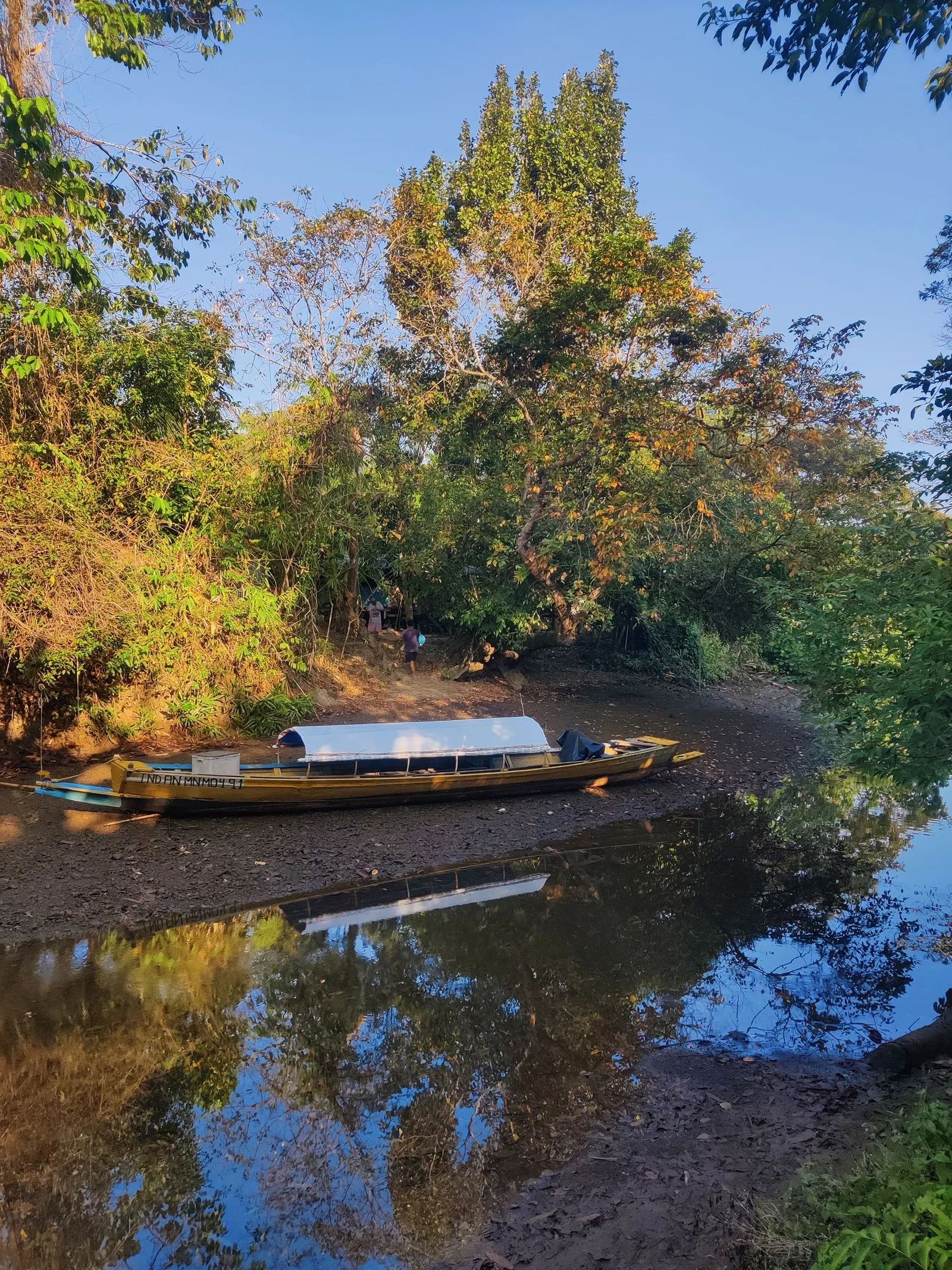 A fishing boat moored in a mangrove creek at Mayabunder, Middle Andaman