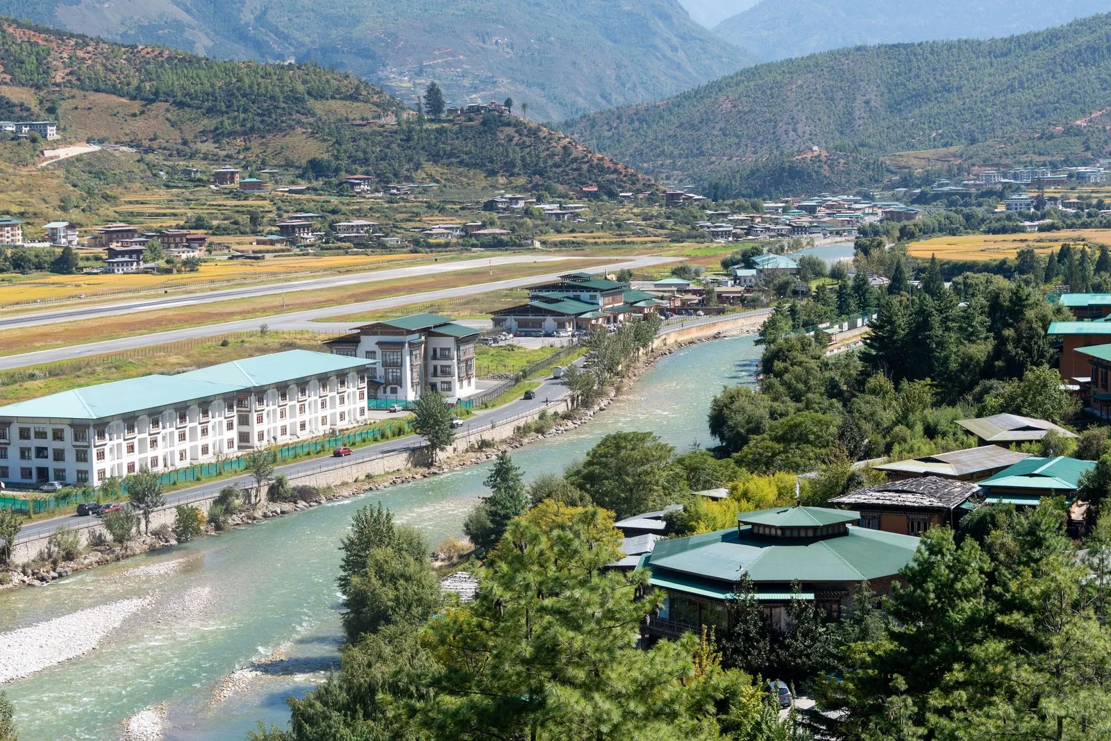 The Paro valley from above, the river and the airport runway below the hills
