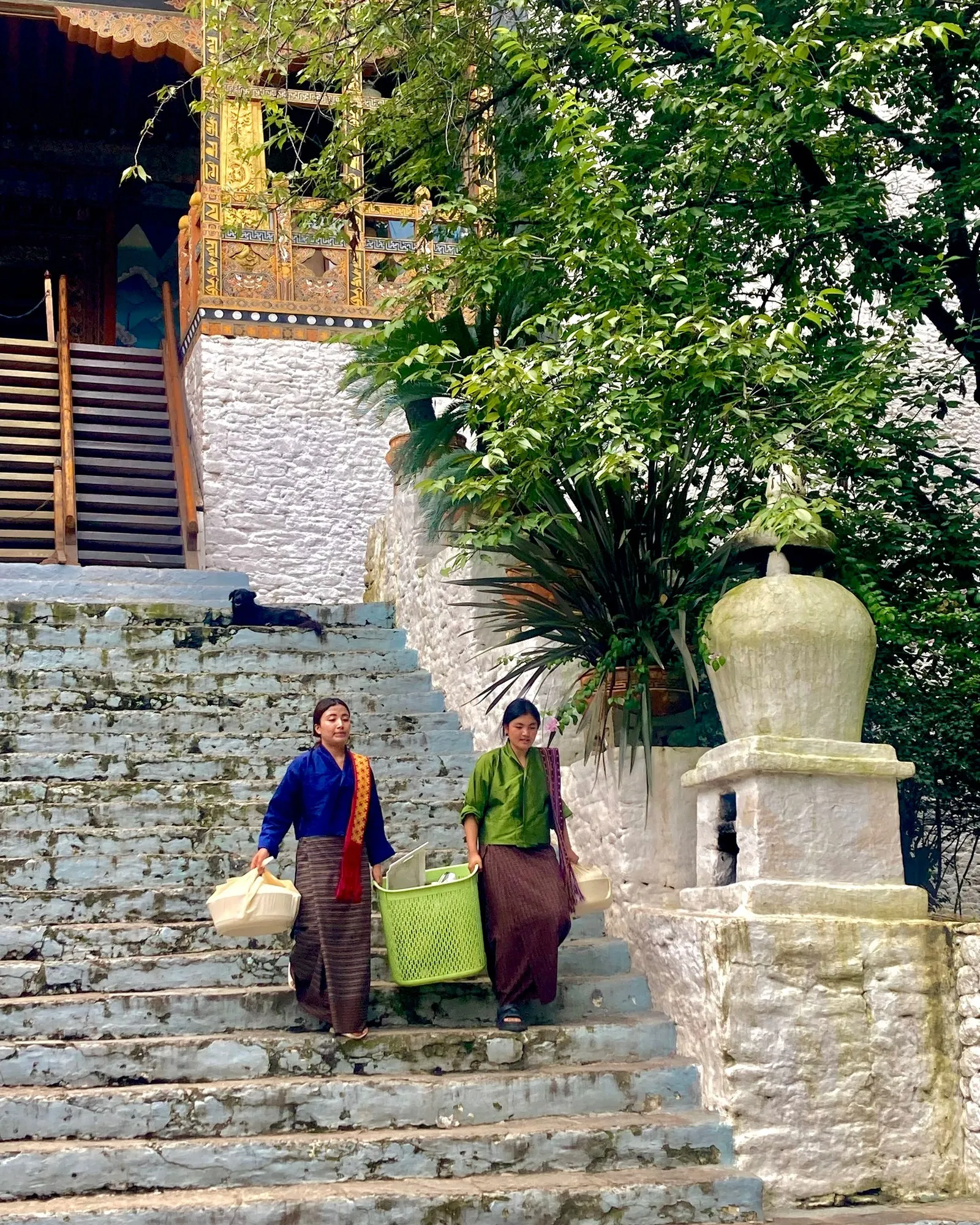 Two women in kira carrying bags down the steps of a monastery, Bhutan