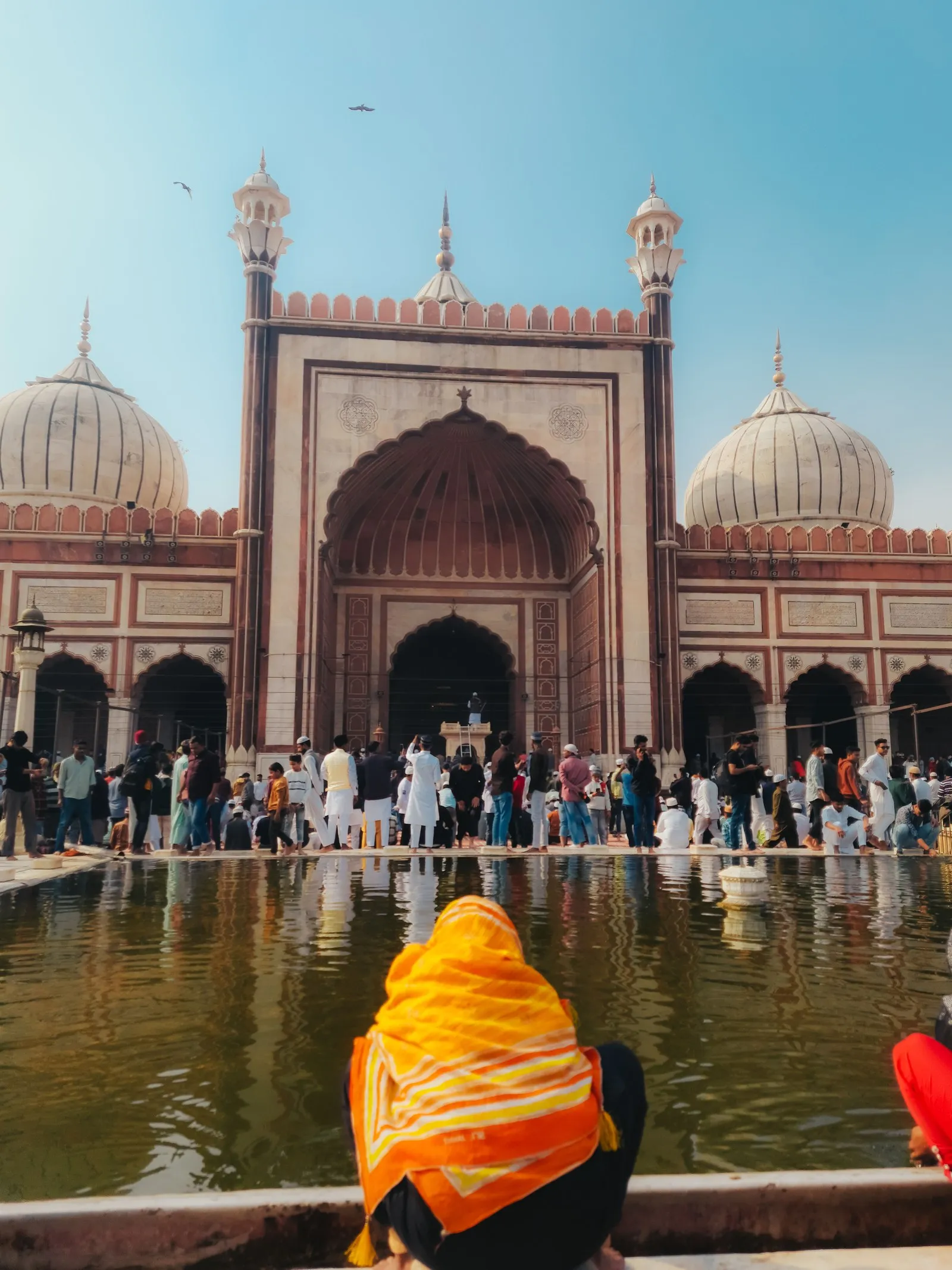 Worshippers in the courtyard of the Jama Masjid, Old Delhi, beside the ablution pool