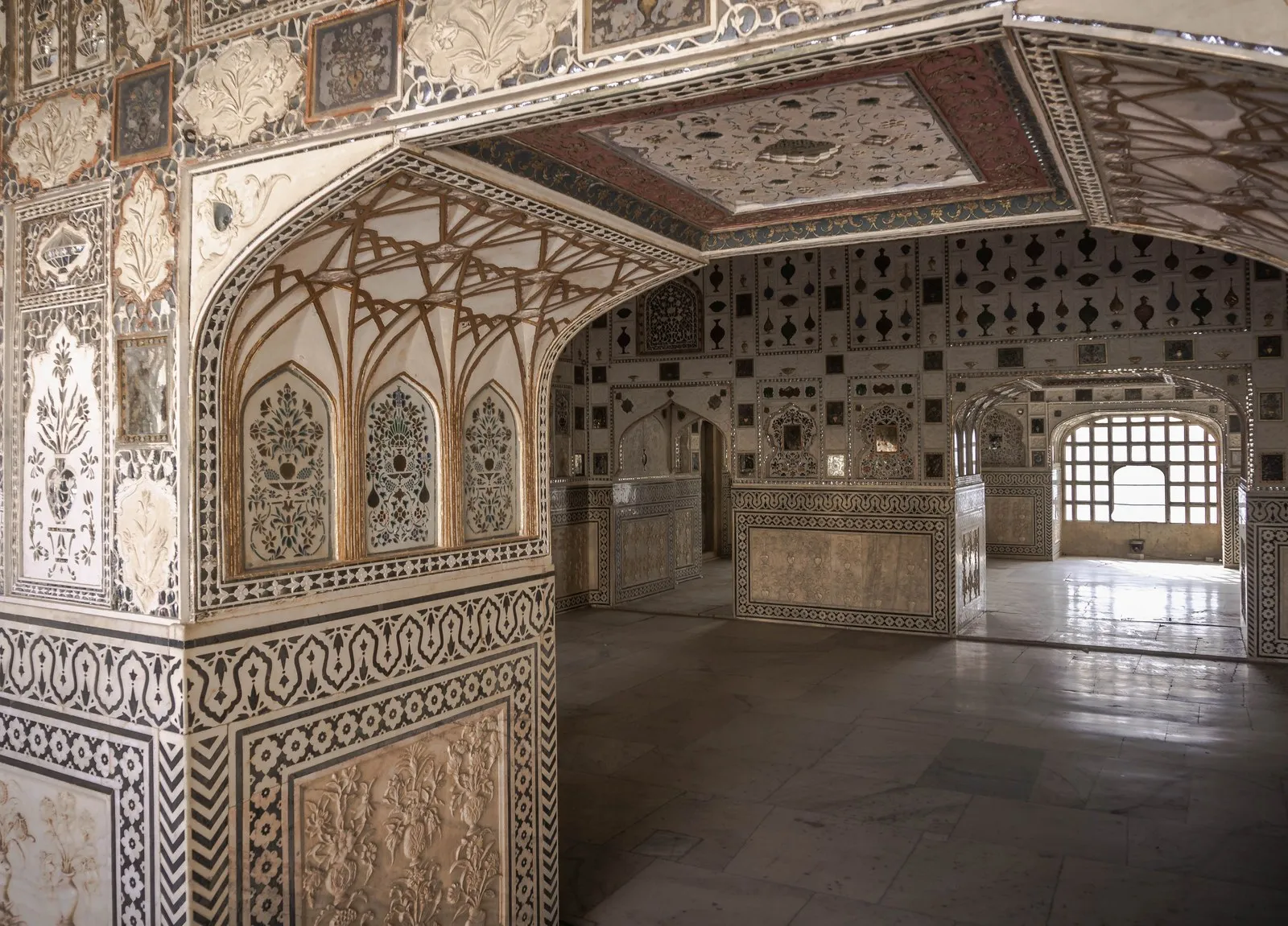 Mirror-work and carved marble in the Sheesh Mahal, Amber Fort