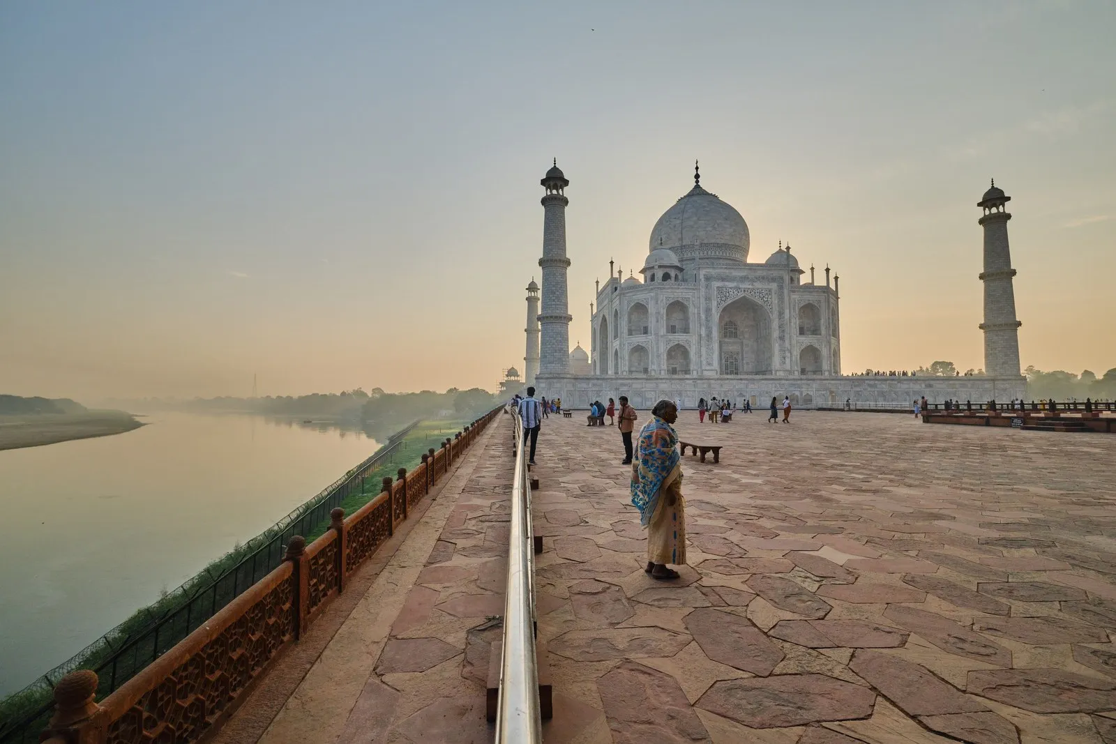 The Taj Mahal at dawn from the riverside terrace, the Yamuna to the left