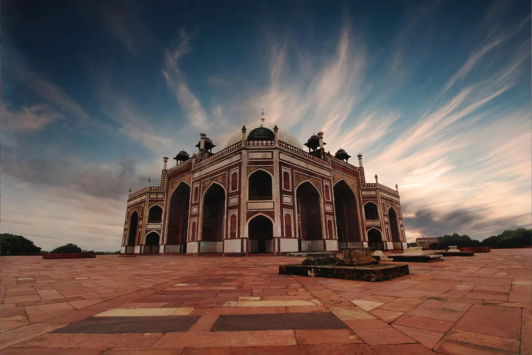 Humayun’s Tomb under a streaked sky