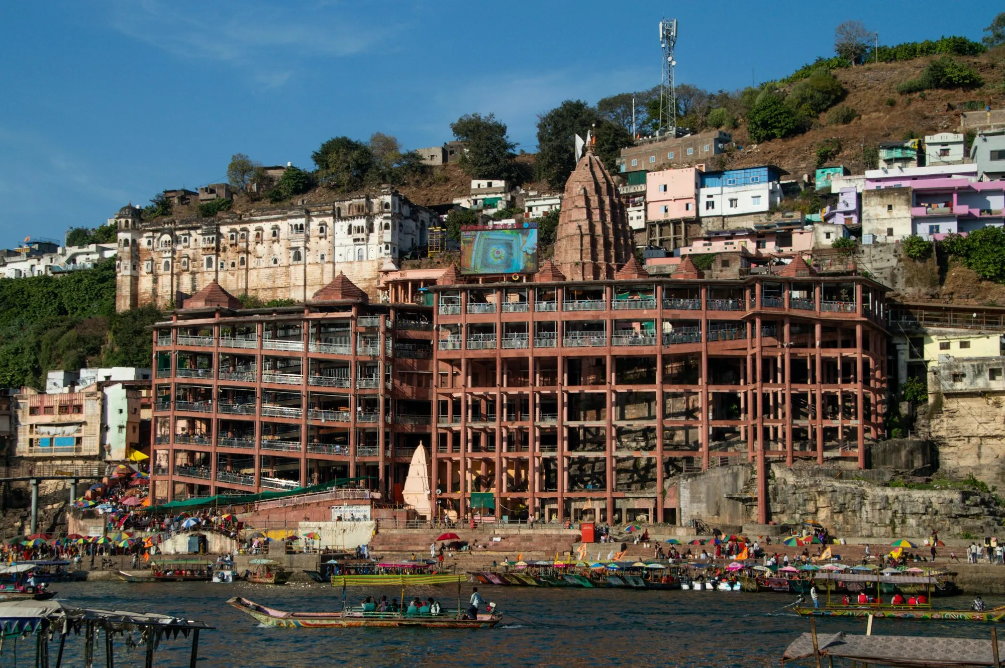 Omkareshwar’s temples and ghats above the river