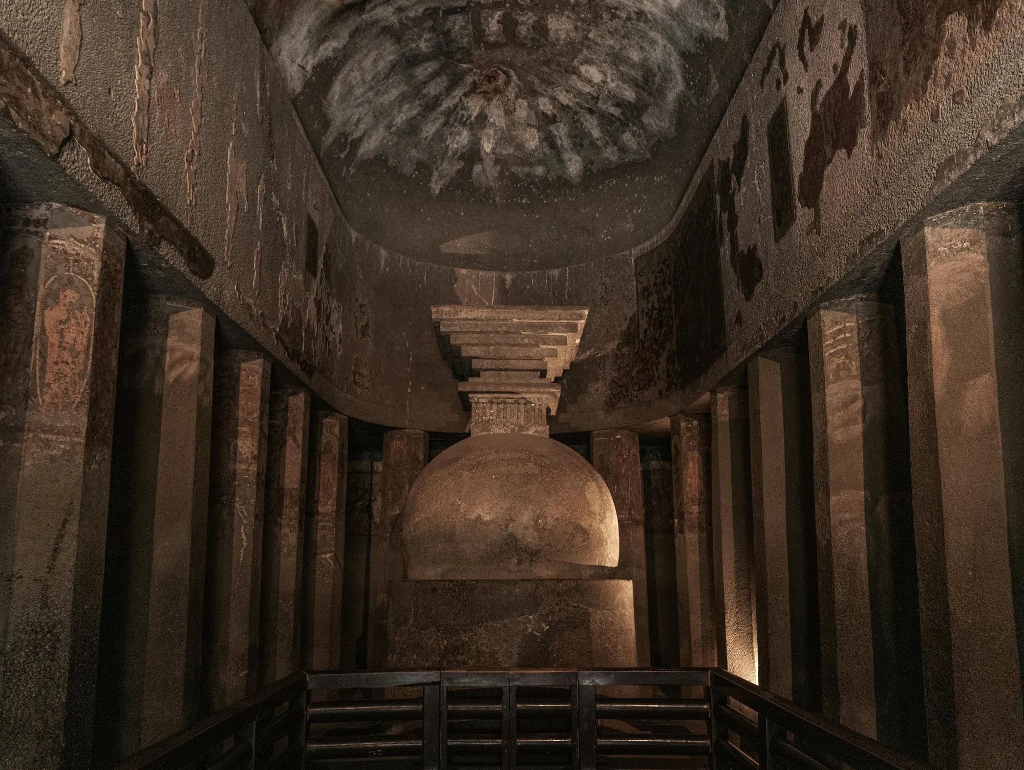 The stupa and pillars of a rock-cut prayer hall