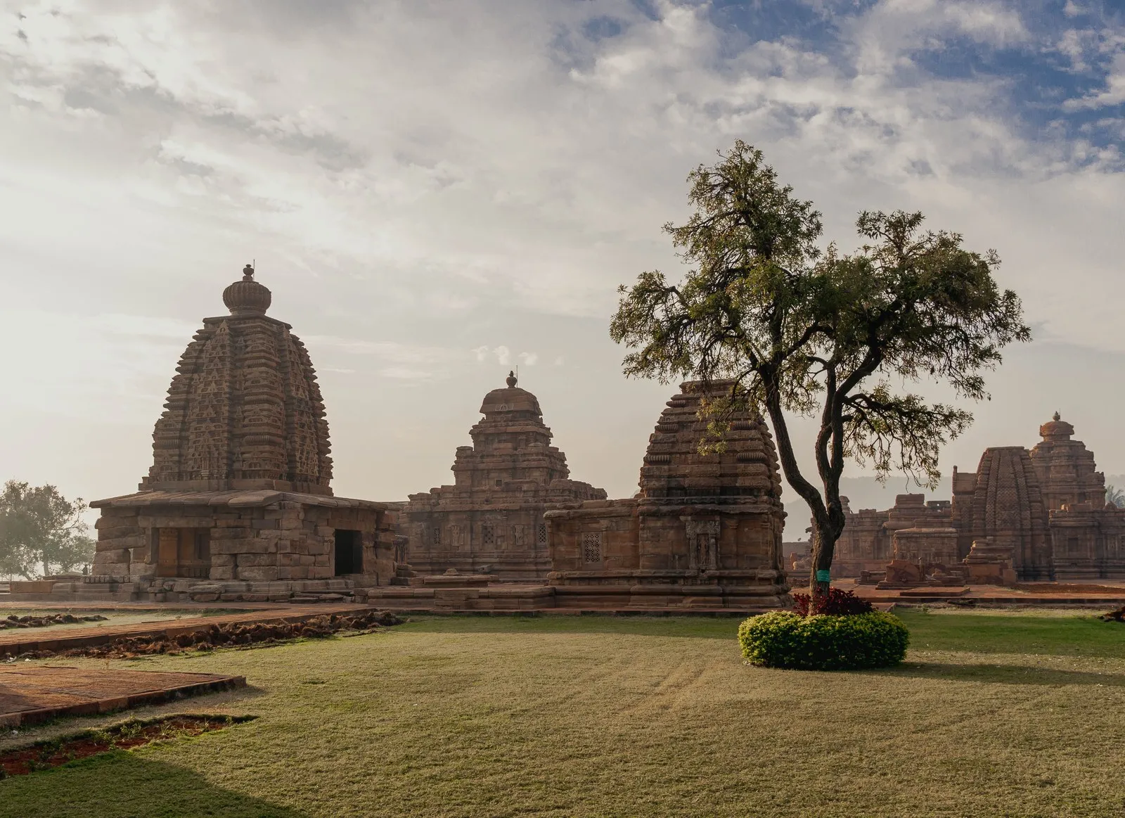 The temples of Pattadakal around a lawn and a single tree