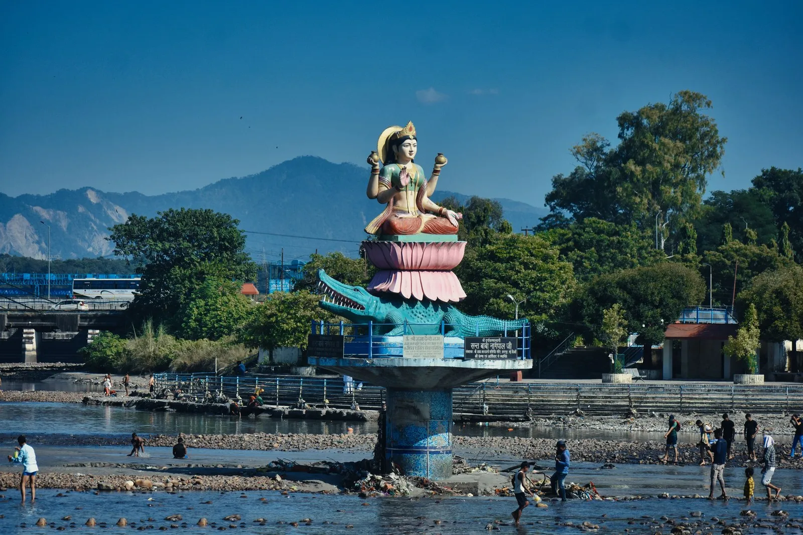 A statue of the goddess Ganga on her crocodile, in the river at Haridwar