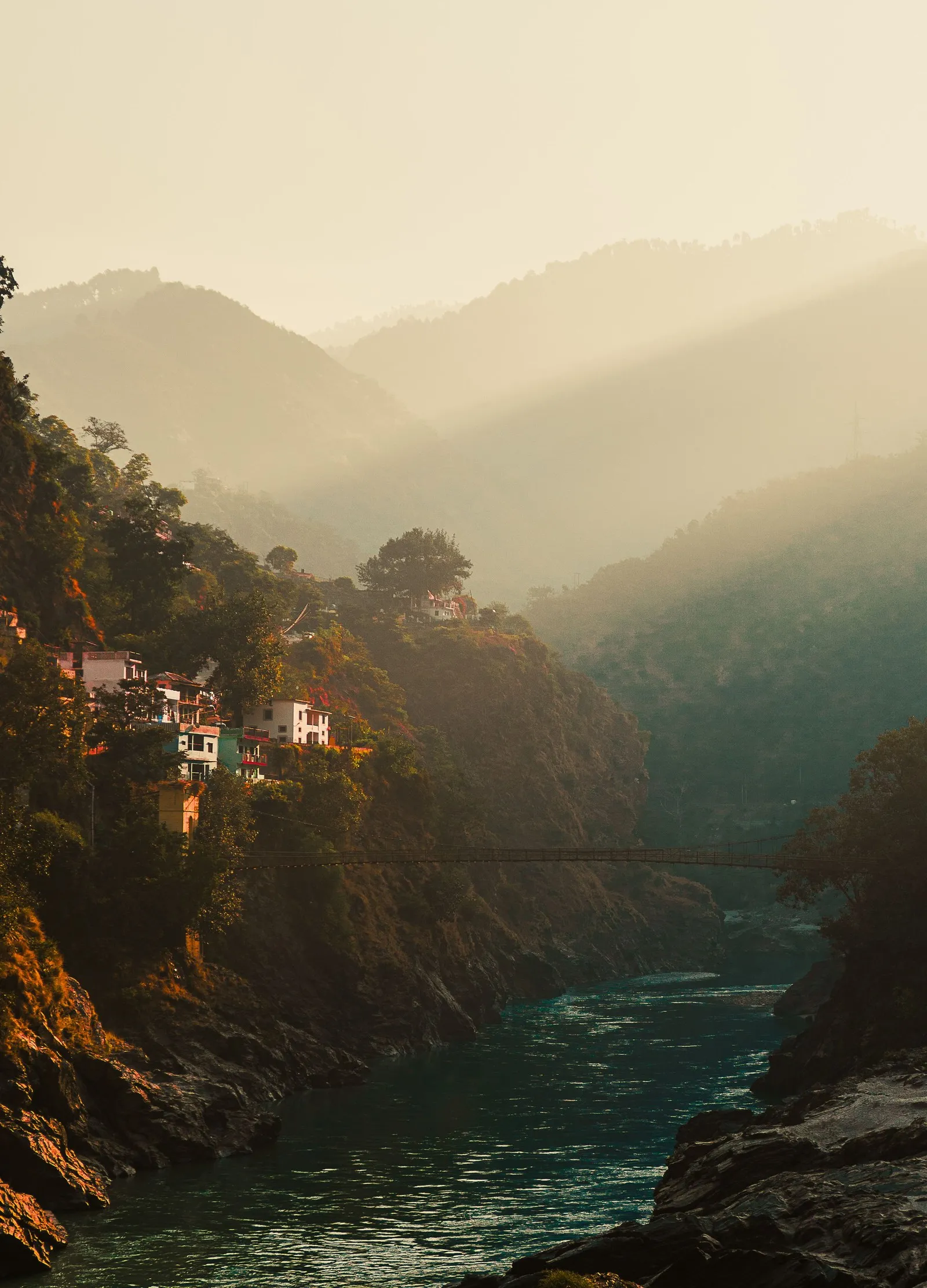 Sunrise over the wooded gorge of the Ganga above Rishikesh