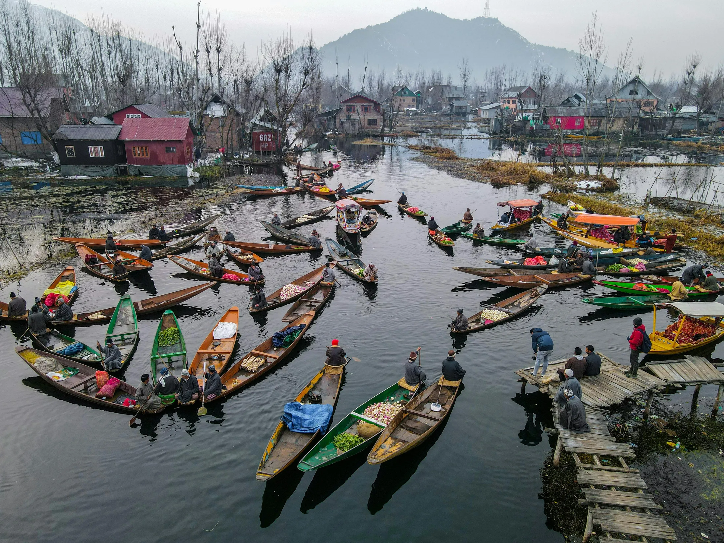 Shikaras gathered on the water of Dal Lake