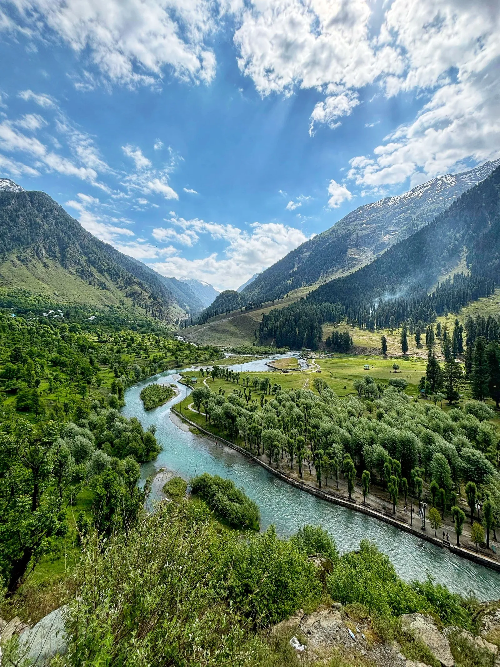 The Lidder winding through the green floor of Betaab Valley, near Pahalgam