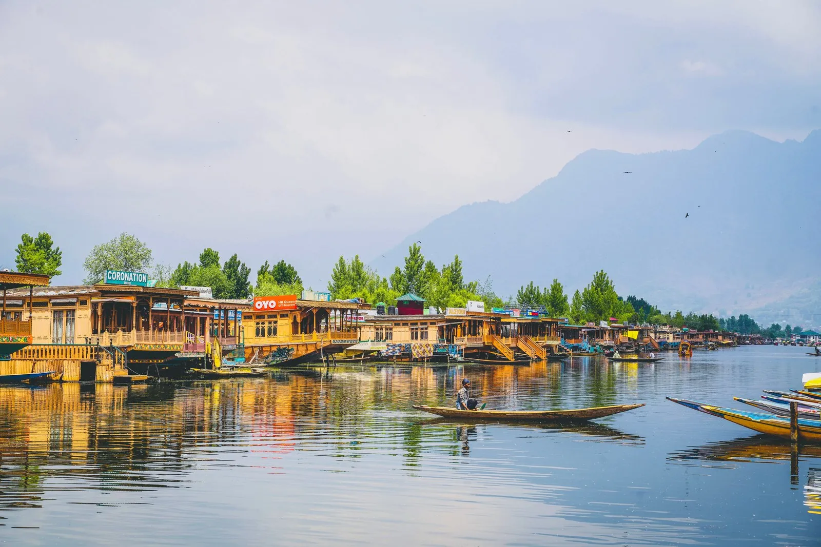 Carved wooden houseboats moored along Dal Lake, a shikara passing, Srinagar