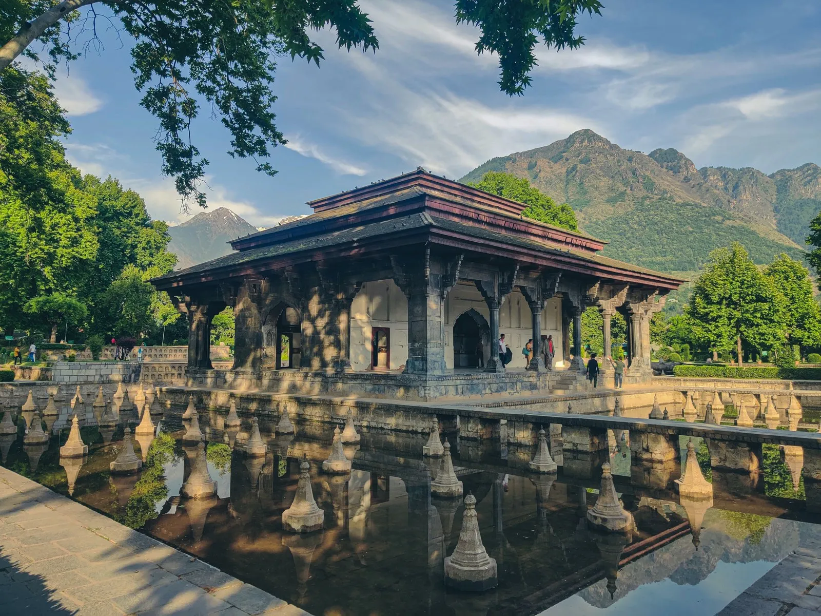 The black stone pavilion and fountain channel of Shalimar Bagh, Srinagar