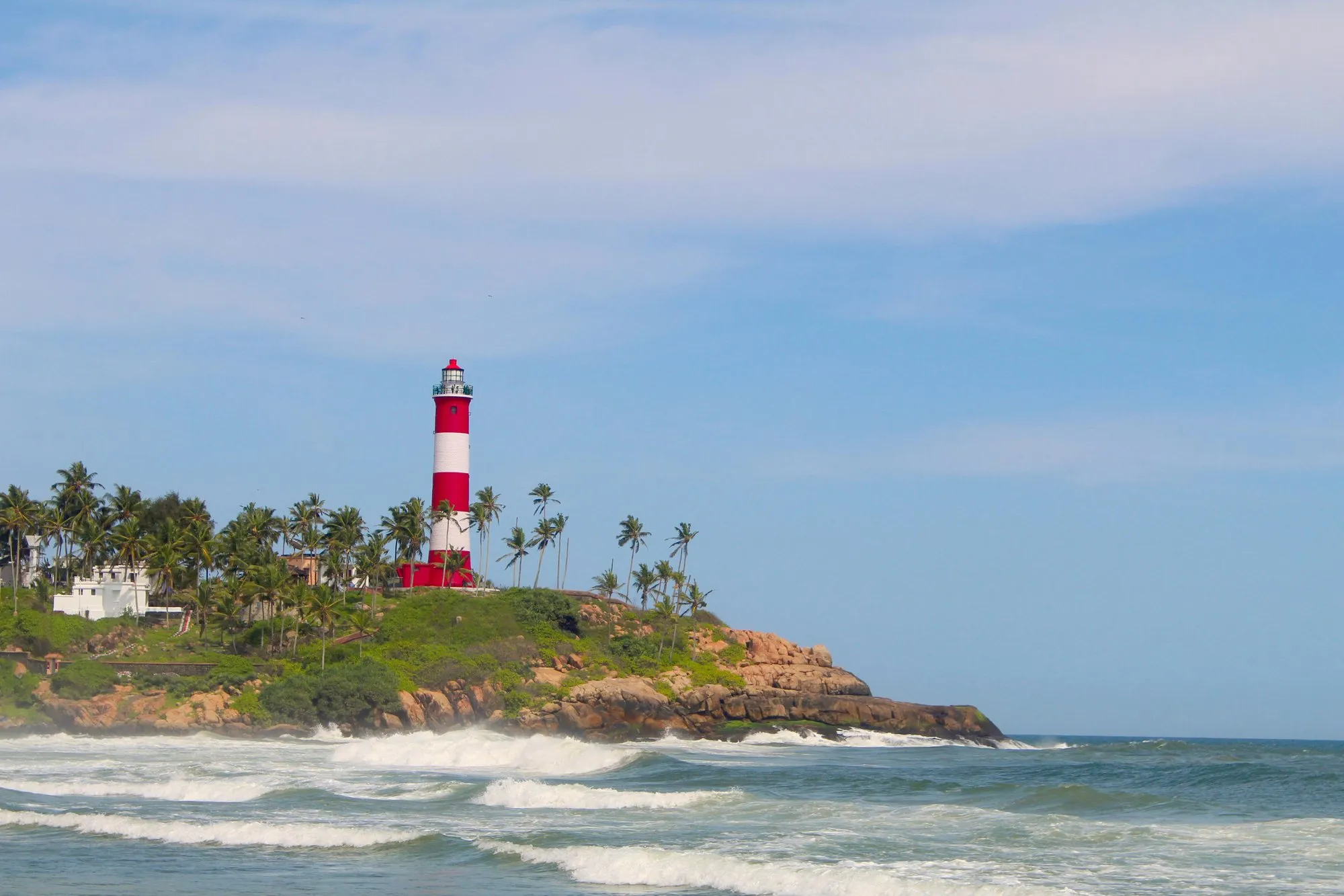 The red-and-white lighthouse above Kovalam’s beach