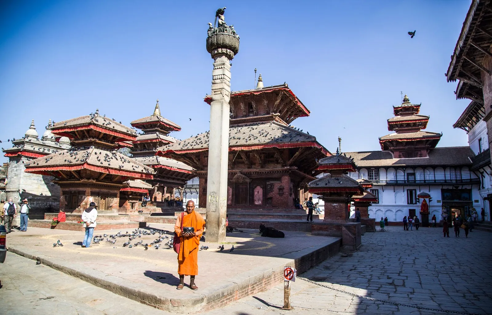 A monk and visitors at the Jagannath temple, Kathmandu Durbar Square