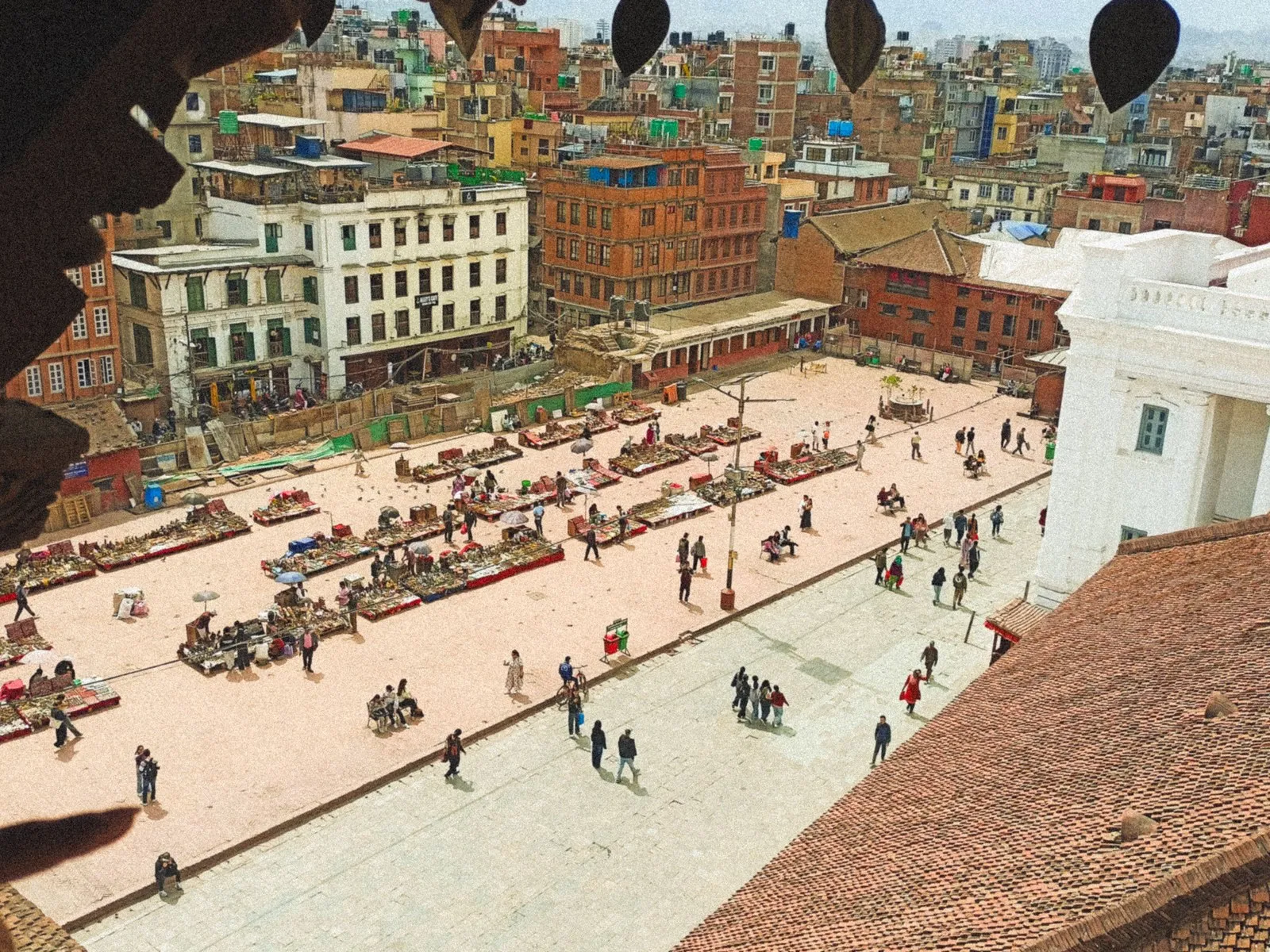 Kathmandu Durbar Square from above, the old city crowding round its temples