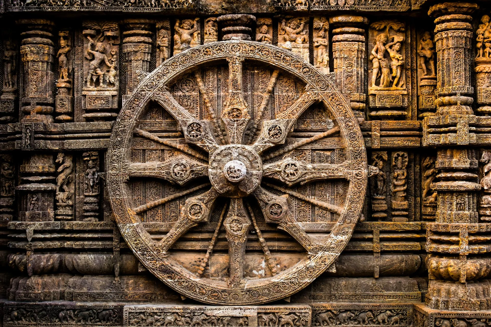 The carved stone wheel of the Konark Sun Temple