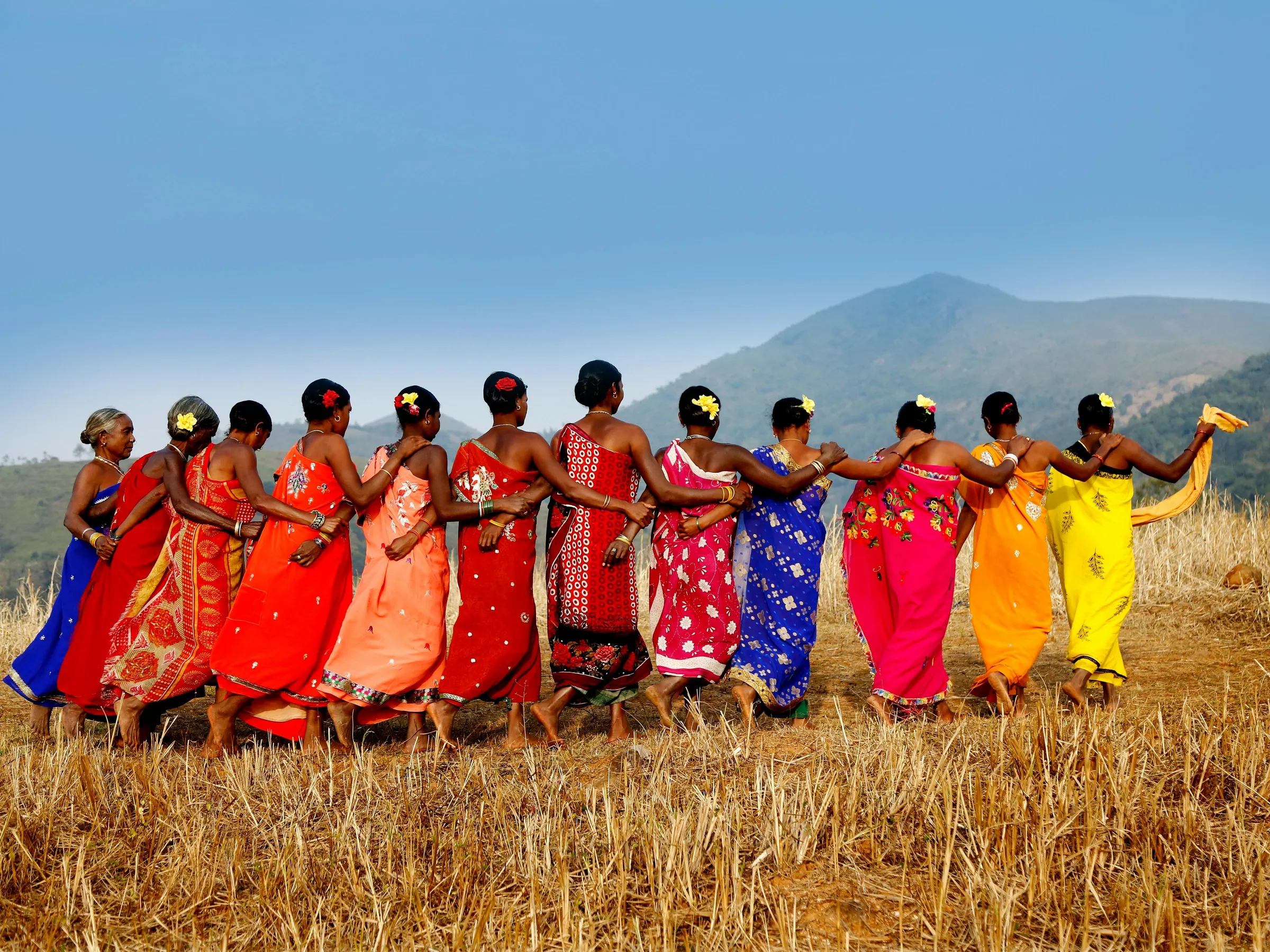 A line of women in bright saris dancing arm in arm across a field