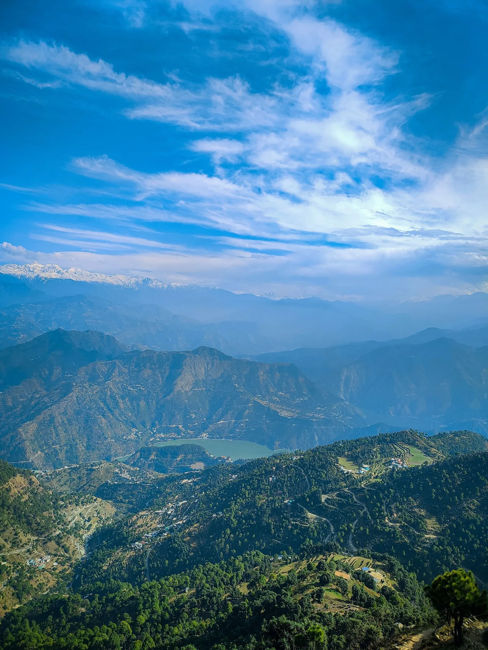 Forested ridges and far snow peaks under a wide sky, Chamba, Himachal Pradesh