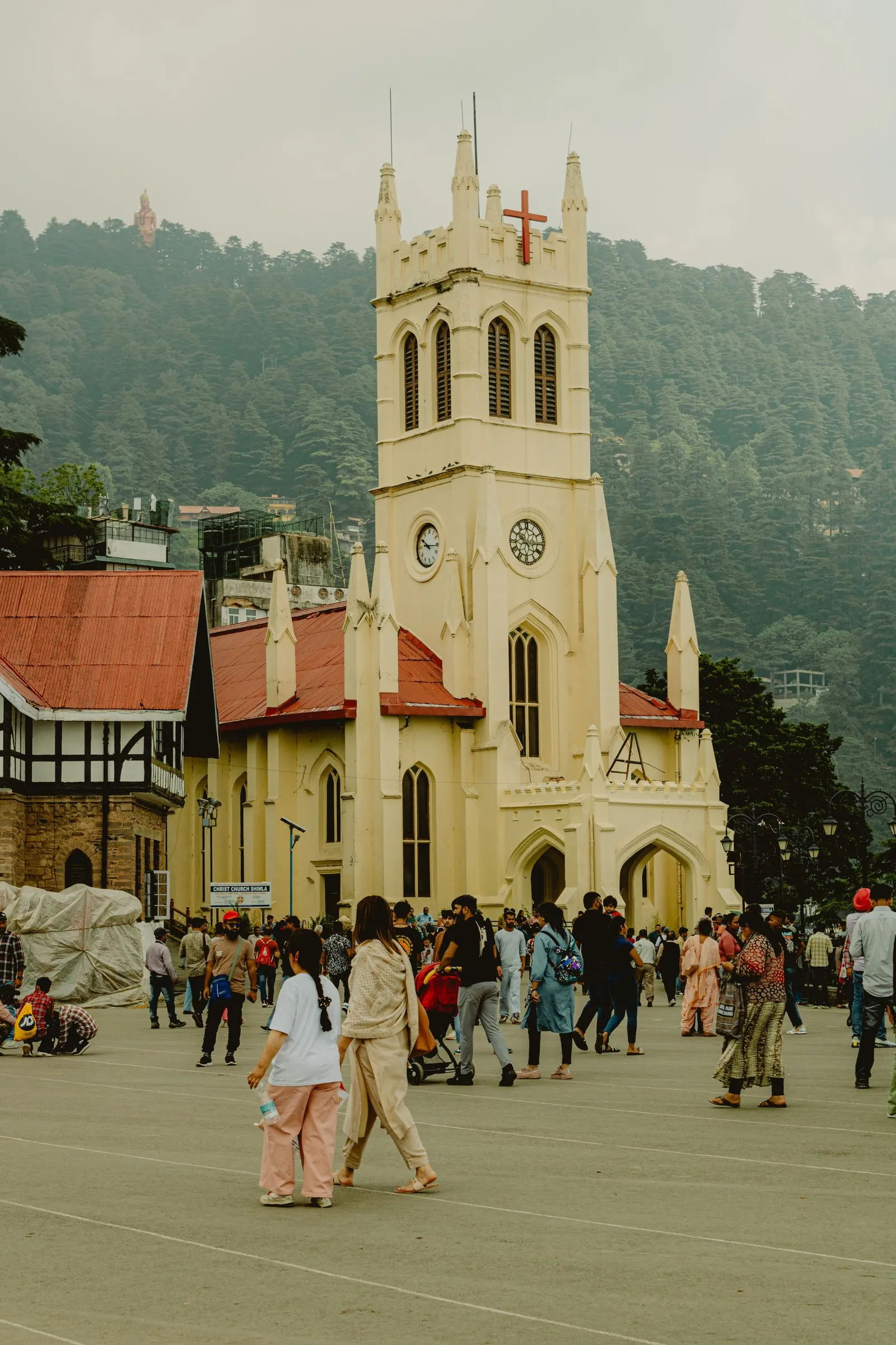 Christ Church on the Ridge in Shimla, people crossing the square below