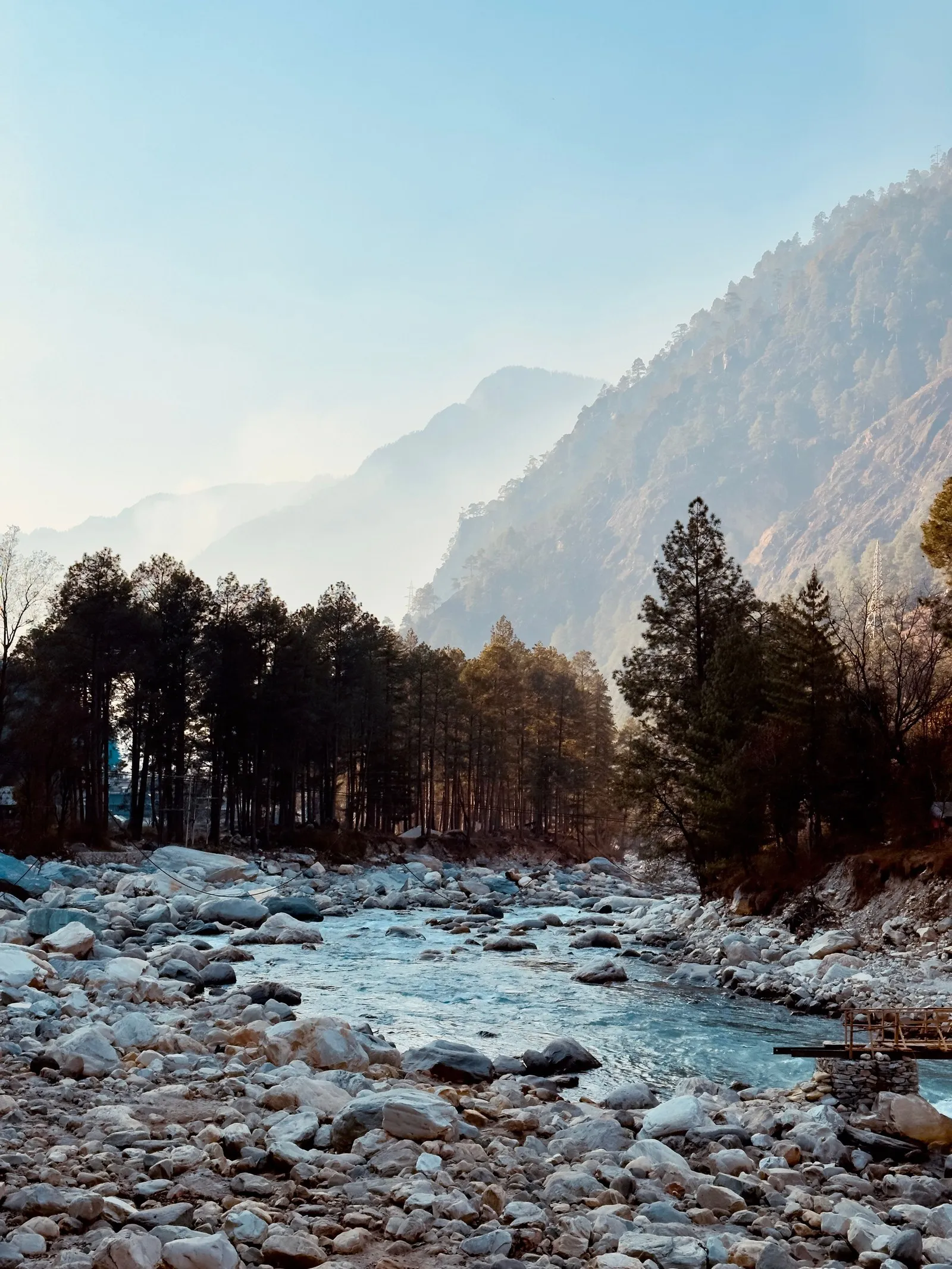 A river running over boulders between pine woods in the Kullu valley
