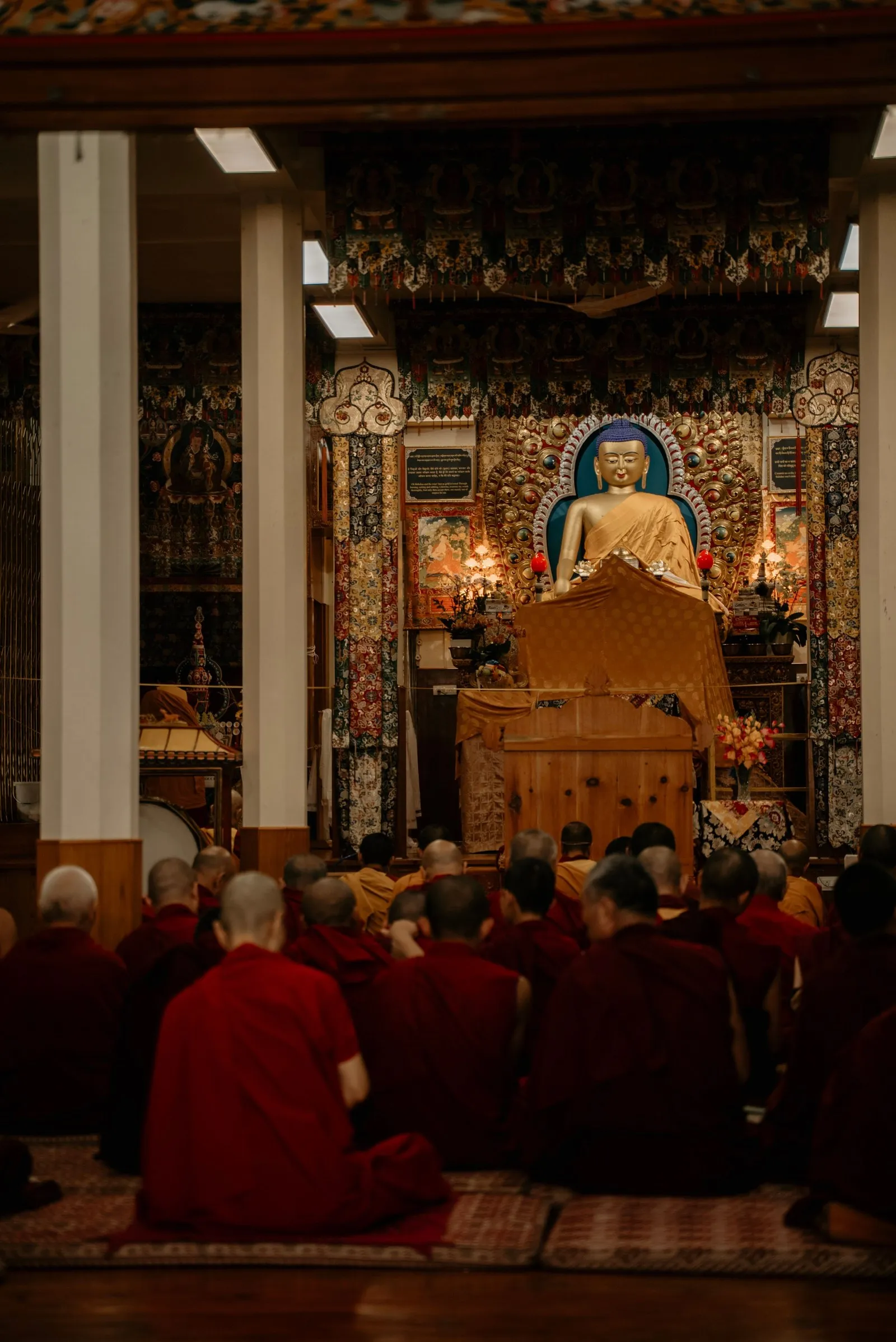 Monks at prayer before a gilded Buddha in a temple hall in Dharamshala