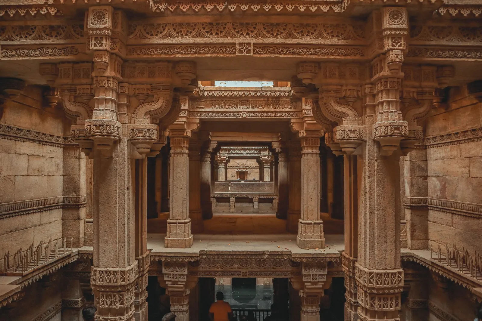 The carved galleries of the Adalaj stepwell, near Ahmedabad