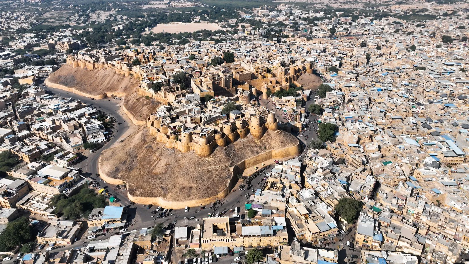 Jaisalmer fort on its hill above the town, from the air