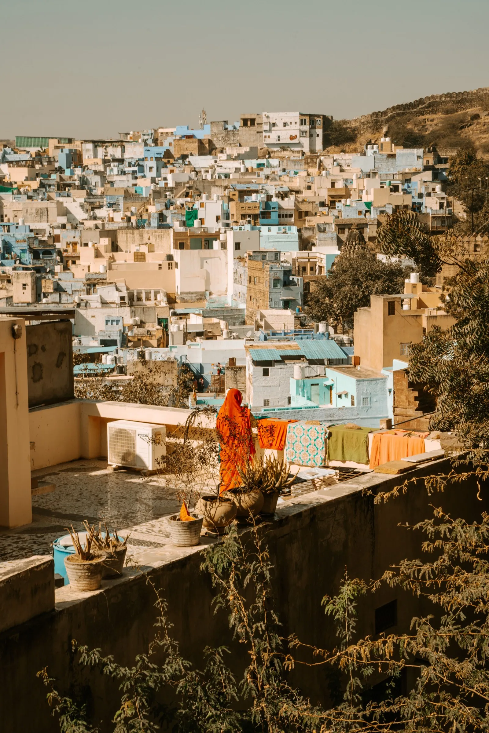 A woman on a rooftop above the blue houses of Jodhpur
